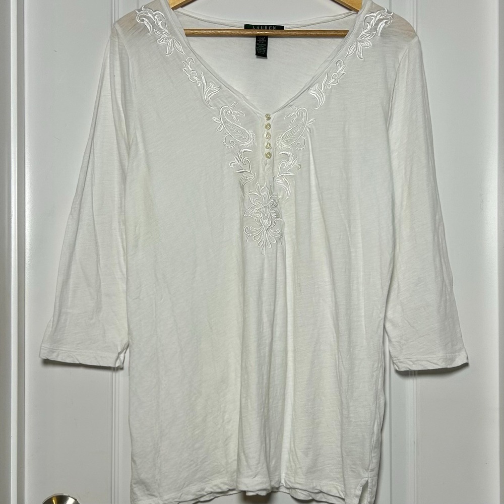 Lauren Ralph Lauren 100% Cotton White Floral Embroidered 3/4 Sleeve Henley Tunic